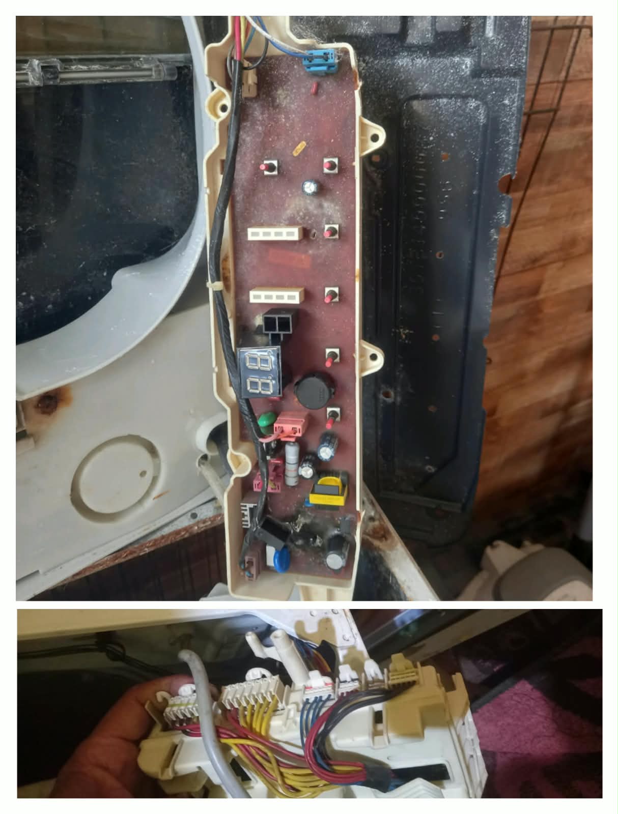Technician testing electrical connections on a washing machine circuit board with multimeter, focused on diagnosing faults